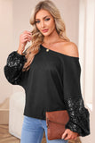 LC25123326-P2-S, LC25123326-P2-M, LC25123326-P2-L, LC25123326-P2-XL, LC25123326-P2-2XL, Black Sequin Patchwork Sleeve Open Back Waffle Knit Top