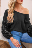 LC25123326-P2-S, LC25123326-P2-M, LC25123326-P2-L, LC25123326-P2-XL, LC25123326-P2-2XL, Black Sequin Patchwork Sleeve Open Back Waffle Knit Top