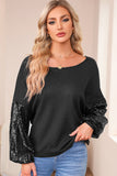 LC25123326-P2-S, LC25123326-P2-M, LC25123326-P2-L, LC25123326-P2-XL, LC25123326-P2-2XL, Black Sequin Patchwork Sleeve Open Back Waffle Knit Top