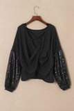 LC25123326-P2-S, LC25123326-P2-M, LC25123326-P2-L, LC25123326-P2-XL, LC25123326-P2-2XL, Black Sequin Patchwork Sleeve Open Back Waffle Knit Top