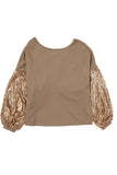 LC25123326-P17-S, LC25123326-P17-M, LC25123326-P17-L, LC25123326-P17-XL, LC25123326-P17-2XL, Brown Sequin Patchwork Sleeve Open Back Waffle Knit Top