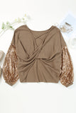 LC25123326-P17-S, LC25123326-P17-M, LC25123326-P17-L, LC25123326-P17-XL, LC25123326-P17-2XL, Brown Sequin Patchwork Sleeve Open Back Waffle Knit Top