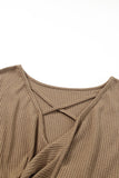LC25123326-P17-S, LC25123326-P17-M, LC25123326-P17-L, LC25123326-P17-XL, LC25123326-P17-2XL, Brown Sequin Patchwork Sleeve Open Back Waffle Knit Top