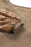 LC25123326-P17-S, LC25123326-P17-M, LC25123326-P17-L, LC25123326-P17-XL, LC25123326-P17-2XL, Brown Sequin Patchwork Sleeve Open Back Waffle Knit Top