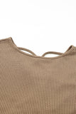 LC25123326-P17-S, LC25123326-P17-M, LC25123326-P17-L, LC25123326-P17-XL, LC25123326-P17-2XL, Brown Sequin Patchwork Sleeve Open Back Waffle Knit Top