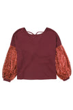 LC25123326-P503-S, LC25123326-P503-M, LC25123326-P503-L, LC25123326-P503-XL, LC25123326-P503-2XL, Burgundy Sequin Patchwork Sleeve Open Back Waffle Knit Top