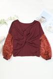 LC25123326-P503-S, LC25123326-P503-M, LC25123326-P503-L, LC25123326-P503-XL, LC25123326-P503-2XL, Burgundy Sequin Patchwork Sleeve Open Back Waffle Knit Top