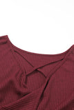 LC25123326-P503-S, LC25123326-P503-M, LC25123326-P503-L, LC25123326-P503-XL, LC25123326-P503-2XL, Burgundy Sequin Patchwork Sleeve Open Back Waffle Knit Top
