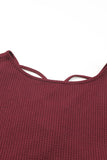 LC25123326-P503-S, LC25123326-P503-M, LC25123326-P503-L, LC25123326-P503-XL, LC25123326-P503-2XL, Burgundy Sequin Patchwork Sleeve Open Back Waffle Knit Top