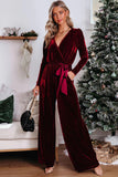 LC6412598-3-S, LC6412598-3-M, LC6412598-3-L, LC6412598-3-XL, Red Velvet Pocketed Cut out Back Wide Leg Jumpsuit