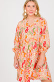 LC6118198-P22-S, LC6118198-P22-M, LC6118198-P22-L, LC6118198-P22-XL, Multicolour Split Neck Puff Sleeve Flowy Printed Dress