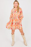 LC6118198-P22-S, LC6118198-P22-M, LC6118198-P22-L, LC6118198-P22-XL, Multicolour Split Neck Puff Sleeve Flowy Printed Dress