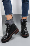 Women's Knitted Patched Lace-up Heeled Ankle Boots