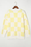 LC271943-7-S, LC271943-7-M, LC271943-7-L, LC271943-7-XL, LC271943-7-2XL, Yellow Contrast Checkered Print Button Up Sweater Cardigan 