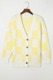LC271943-7-S, LC271943-7-M, LC271943-7-L, LC271943-7-XL, LC271943-7-2XL, Yellow Contrast Checkered Print Button Up Sweater Cardigan 