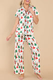 LC15759-P120-S, LC15759-P120-M, LC15759-P120-L, LC15759-P120-XL, White Printed Women's Christmas Pattern Buttoned Two Piece Long Sleeve Sleepwear Pajamas