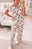 LC15759-P120-S, LC15759-P120-M, LC15759-P120-L, LC15759-P120-XL, White Printed Women's Christmas Pattern Buttoned Two Piece Long Sleeve Sleepwear Pajamas