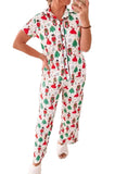 LC15759-P120-S, LC15759-P120-M, LC15759-P120-L, LC15759-P120-XL, White Printed Women's Christmas Pattern Buttoned Two Piece Long Sleeve Sleepwear Pajamas