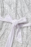 LC6118297-P13-S, LC6118297-P13-M, LC6118297-P13-L, LC6118297-P13-XL, Silvery Sequin Long Sleeve Tie Waist Mini Dress