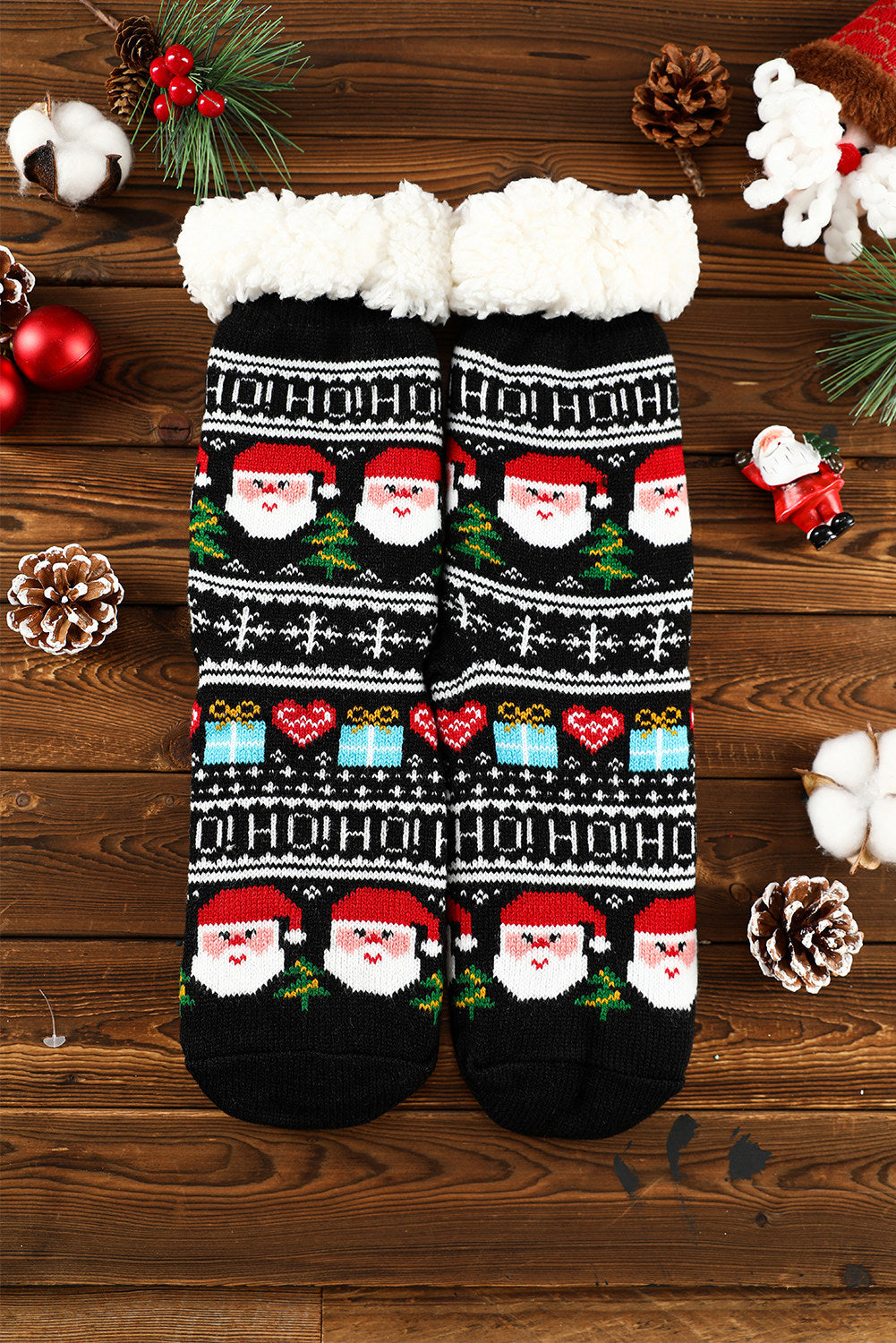 BH041883-P2, Black Fleece Crew Sock Santa Claus Socks for Winter Christmas