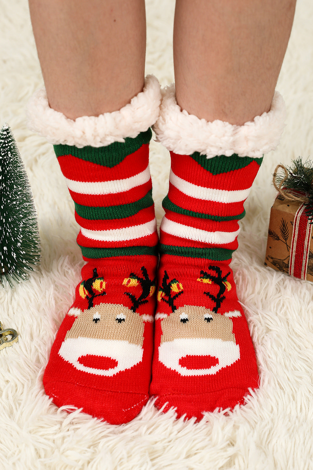 BH041892-P3, Fiery Red Holiday Socks for Women Christmas Cartoon Pattern Woolen Knit Socks