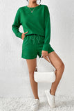 LC625104-9-S, LC625104-9-M, LC625104-9-L, LC625104-9-XL, LC625104-9-2XL, Green Textured Long Sleeve Top and Drawstring Shorts Set