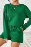 LC625104-9-S, LC625104-9-M, LC625104-9-L, LC625104-9-XL, LC625104-9-2XL, Green Textured Long Sleeve Top and Drawstring Shorts Set