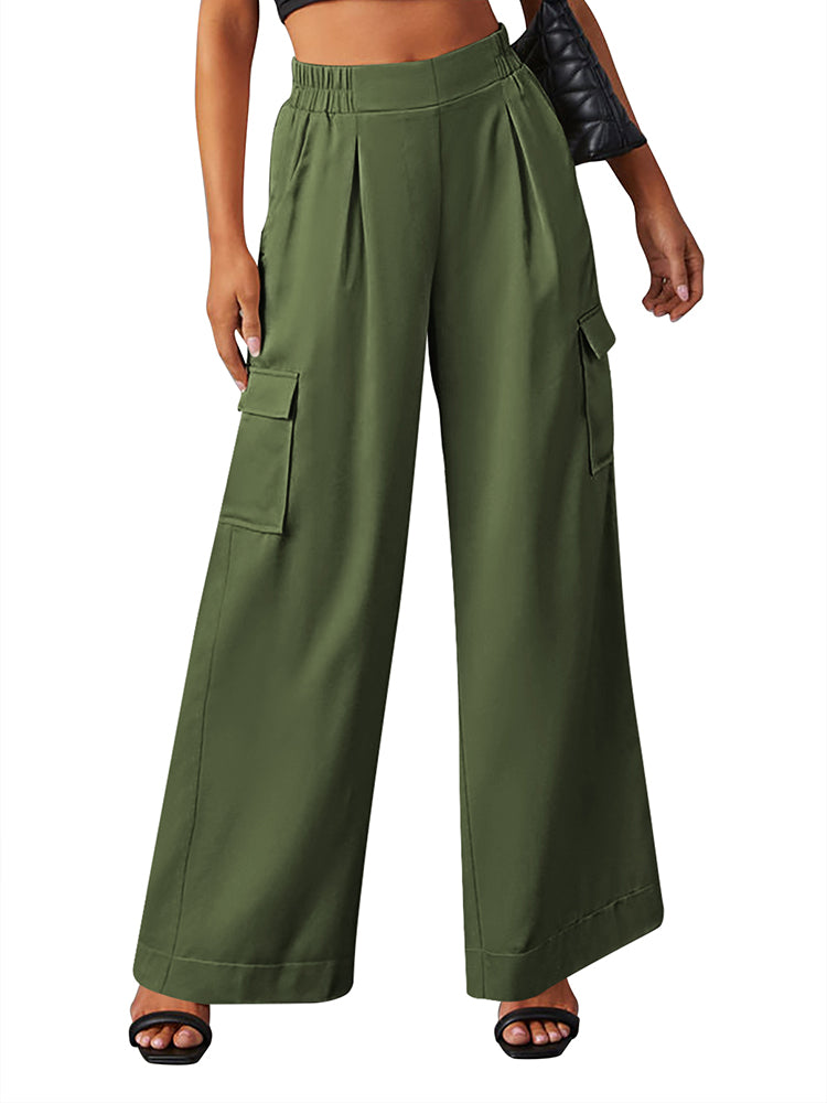 LC7712374-109-S, LC7712374-109-M, LC7712374-109-L, LC7712374-109-XL, Army Green POCKETED WIDE LEG PANTS 