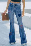 Women Button Up Jeans Heart Print Ripped Flare Fitted Denim Pants