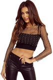 LC25122777-2-S, LC25122777-2-M, LC25122777-2-L, LC25122777-2-XL, Black Pearl and Rhinestone Detail Sheer Mesh Top