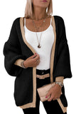 LC2711139-2-S, LC2711139-2-M, LC2711139-2-L, LC2711139-2-XL, LC2711139-2-2XL, Black Contrast Solid Drop Shoulder Cardigan