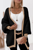 LC2711139-2-S, LC2711139-2-M, LC2711139-2-L, LC2711139-2-XL, LC2711139-2-2XL, Black Contrast Solid Drop Shoulder Cardigan