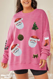 Santa Graphic Pink Drop Shoulder Ribbed Trim Oversized Casual Sweatshirt