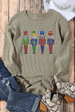 LC25316761-9-S, LC25316761-9-M, LC25316761-9-L, LC25316761-9-XL, LC25316761-9-2XL, Green Christmas Sweater for Women Sequined Nutcracker Doll Corded Baggy Sweatshirt