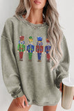 LC25316761-9-S, LC25316761-9-M, LC25316761-9-L, LC25316761-9-XL, LC25316761-9-2XL, Green Christmas Sweater for Women Sequined Nutcracker Doll Corded Baggy Sweatshirt