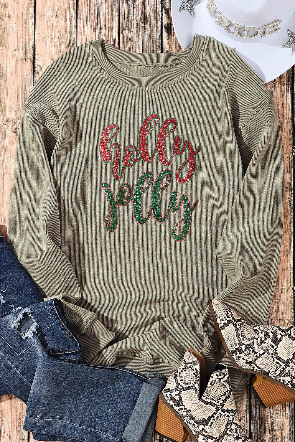 LC25316789-9-S, LC25316789-9-M, LC25316789-9-L, LC25316789-9-XL, LC25316789-9-2XL, Green Women Christmas Sweatshirts Sequined Holly Jolly Graphic Corded Sweatshirt