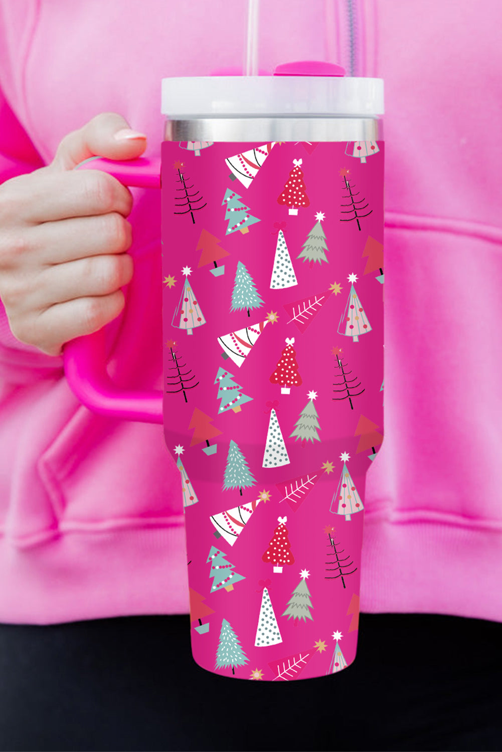 BH051439-P6, Rose Red Cartoon Christmas Tree Printed Thermos Cup Holiday Christmas Gifts