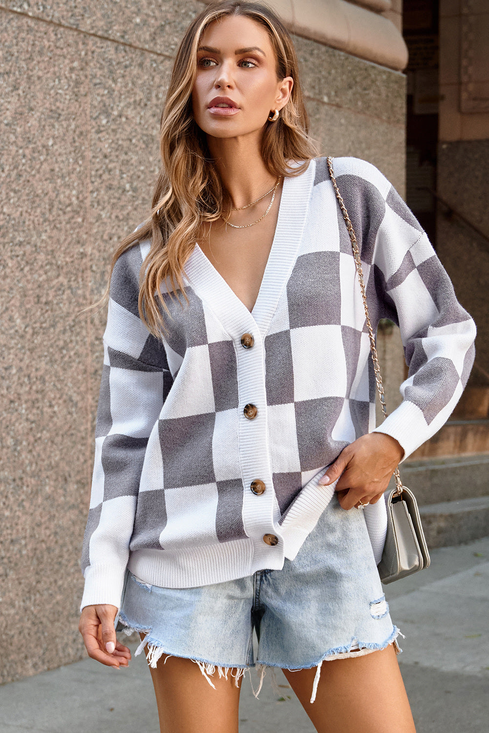 LC271943-11-S, LC271943-11-M, LC271943-11-L, LC271943-11-XL, LC271943-11-2XL, Gray Contrast Checkered Print Button Up Sweater Cardigan 