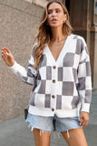 LC271943-11-S, LC271943-11-M, LC271943-11-L, LC271943-11-XL, LC271943-11-2XL, Gray Contrast Checkered Print Button Up Sweater Cardigan 