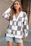 LC271943-11-S, LC271943-11-M, LC271943-11-L, LC271943-11-XL, LC271943-11-2XL, Gray Contrast Checkered Print Button Up Sweater Cardigan 