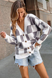 LC271943-11-S, LC271943-11-M, LC271943-11-L, LC271943-11-XL, LC271943-11-2XL, Gray Contrast Checkered Print Button Up Sweater Cardigan 