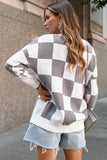 LC271943-11-S, LC271943-11-M, LC271943-11-L, LC271943-11-XL, LC271943-11-2XL, Gray Contrast Checkered Print Button Up Sweater Cardigan 