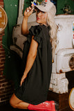 LC6118931-P2-S, LC6118931-P2-M, LC6118931-P2-L, LC6118931-P2-XL, Black Ruffle Sleeve V Neck Frilled Shift Dress