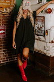 LC6118931-P2-S, LC6118931-P2-M, LC6118931-P2-L, LC6118931-P2-XL, Black Ruffle Sleeve V Neck Frilled Shift Dress