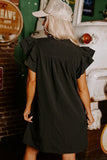 LC6118931-P2-S, LC6118931-P2-M, LC6118931-P2-L, LC6118931-P2-XL, Black Ruffle Sleeve V Neck Frilled Shift Dress