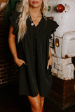 LC6118931-P2-S, LC6118931-P2-M, LC6118931-P2-L, LC6118931-P2-XL, Black Ruffle Sleeve V Neck Frilled Shift Dress
