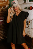 LC6118931-P2-S, LC6118931-P2-M, LC6118931-P2-L, LC6118931-P2-XL, Black Ruffle Sleeve V Neck Frilled Shift Dress