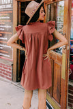 LC6118931-P303-S, LC6118931-P303-M, LC6118931-P303-L, LC6118931-P303-XL, Mineral Red Ruffle Sleeve V Neck Frilled Shift Dress