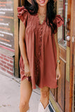 LC6118931-P303-S, LC6118931-P303-M, LC6118931-P303-L, LC6118931-P303-XL, Mineral Red Ruffle Sleeve V Neck Frilled Shift Dress