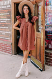 LC6118931-P303-S, LC6118931-P303-M, LC6118931-P303-L, LC6118931-P303-XL, Mineral Red Ruffle Sleeve V Neck Frilled Shift Dress